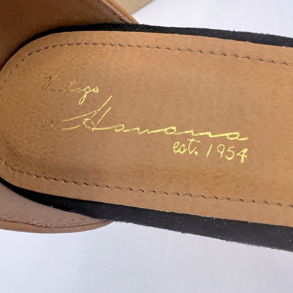 VINTAGE HAVANA, BLACK & TAN OPEN TOE MIDTOP, ADJUSTABLE ANKLE LOOP WITH BUCKLE - Picture 8 of 14